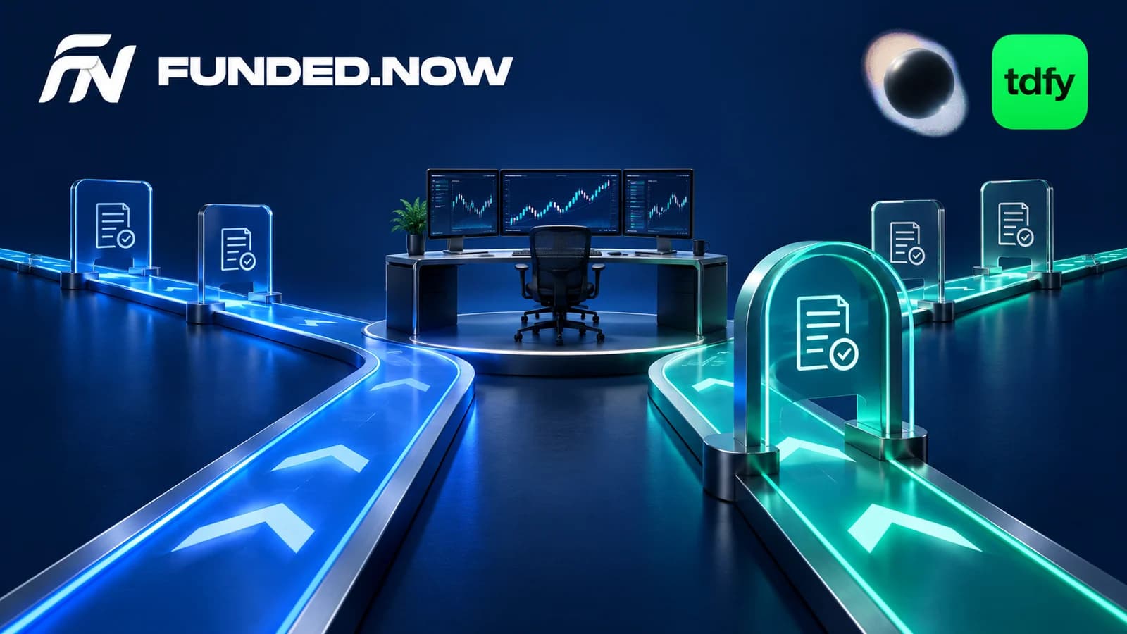 Logotipos de Funded.Now, Lucid Trading y Tradeify sobre dos caminos que comparan el acceso directo con una etapa de evaluación.