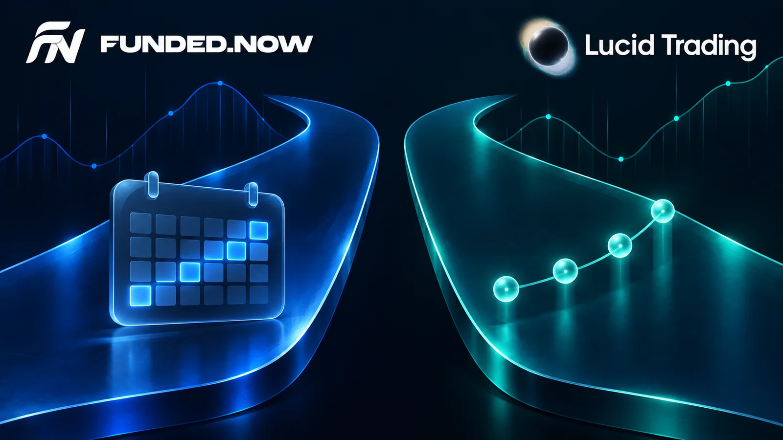 Funded.Now and Lucid Trading logos above blue and teal paths with a calendar and payout milestones.