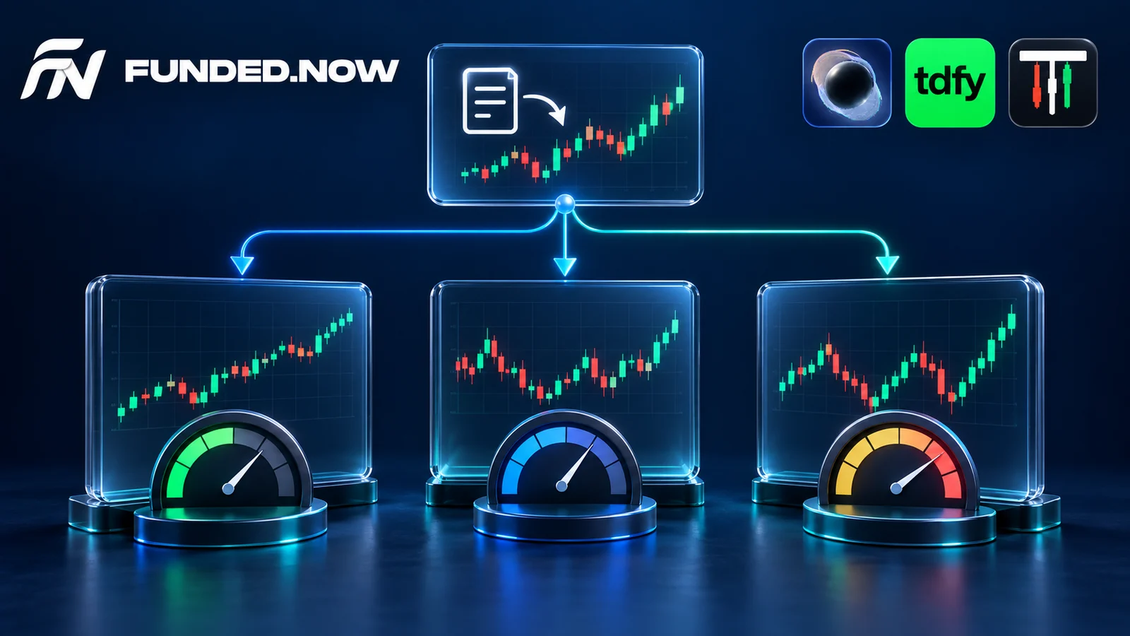 Funded.Now, Lucid Trading, Take Profit Trader and Tradeify logos above connected trading panels with different loss allowances.