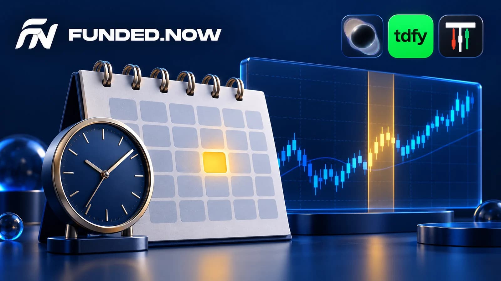 Logotipos de Funded.Now, Lucid Trading, Take Profit Trader y Tradeify sobre un calendario y un reloj que ilustran un intervalo de noticias económicas.