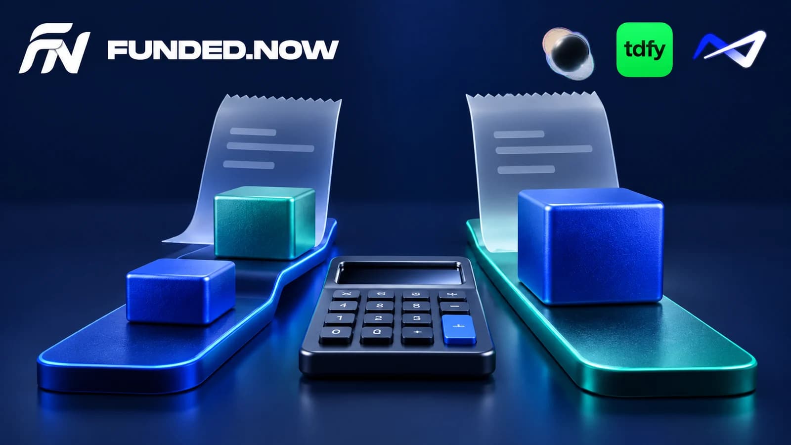 Logotipos de Funded.Now, Lucid Trading, Tradeify y Apex Trader Funding sobre una calculadora, recibos y dos modalidades de compra.
