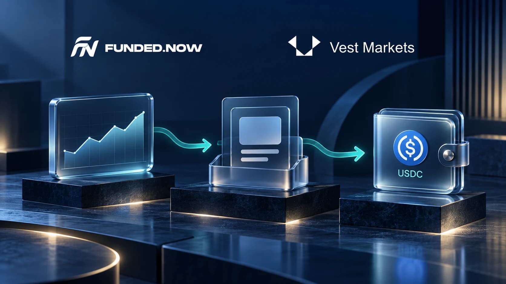 Funded.Now and Vest Markets logos above a program account, Primary Account and USDC wallet connected in sequence.
