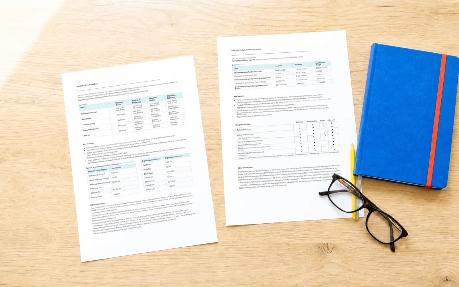 Two comparison sheets, glasses and a cobalt blue notebook arranged on a bright wood desk.