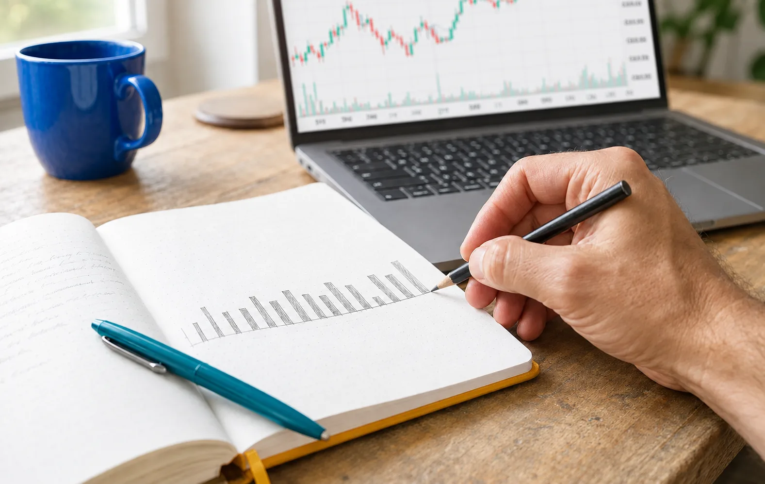 A hand draws a bar chart in a notebook beside a bright laptop screen and cobalt blue mug.