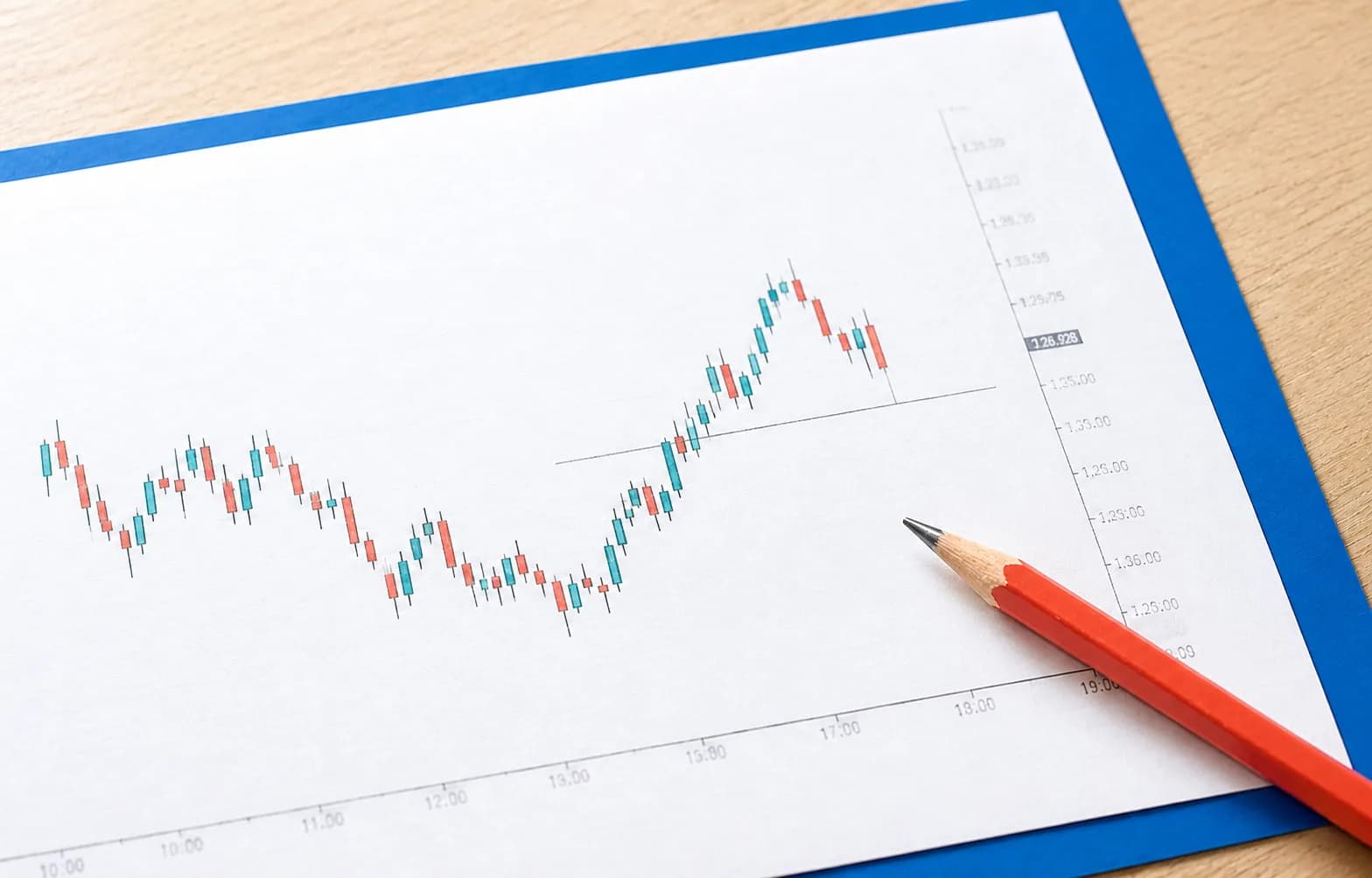 A printed market chart on a cobalt folder with a coral pencil marking the page.