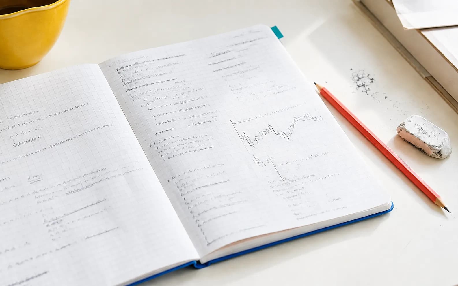 A notebook with revised trading notes beside a coral pencil, used eraser and mustard mug.