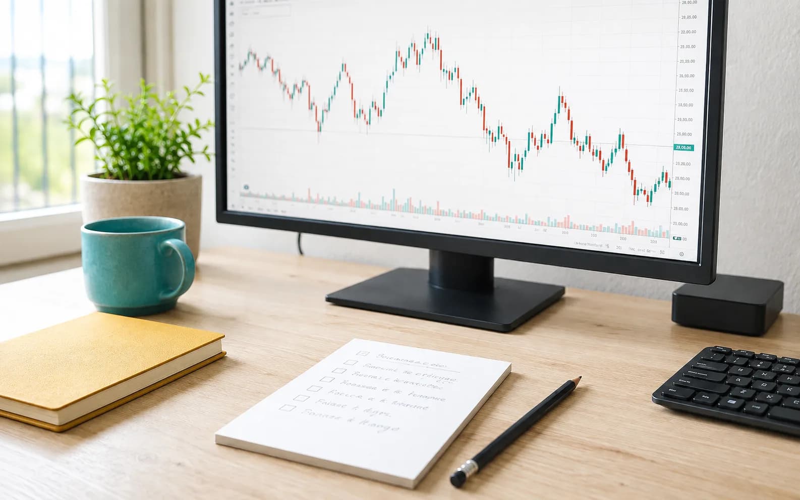 A bright trading desk with a monitor, checklist, teal mug, mustard notebook, and green plant.