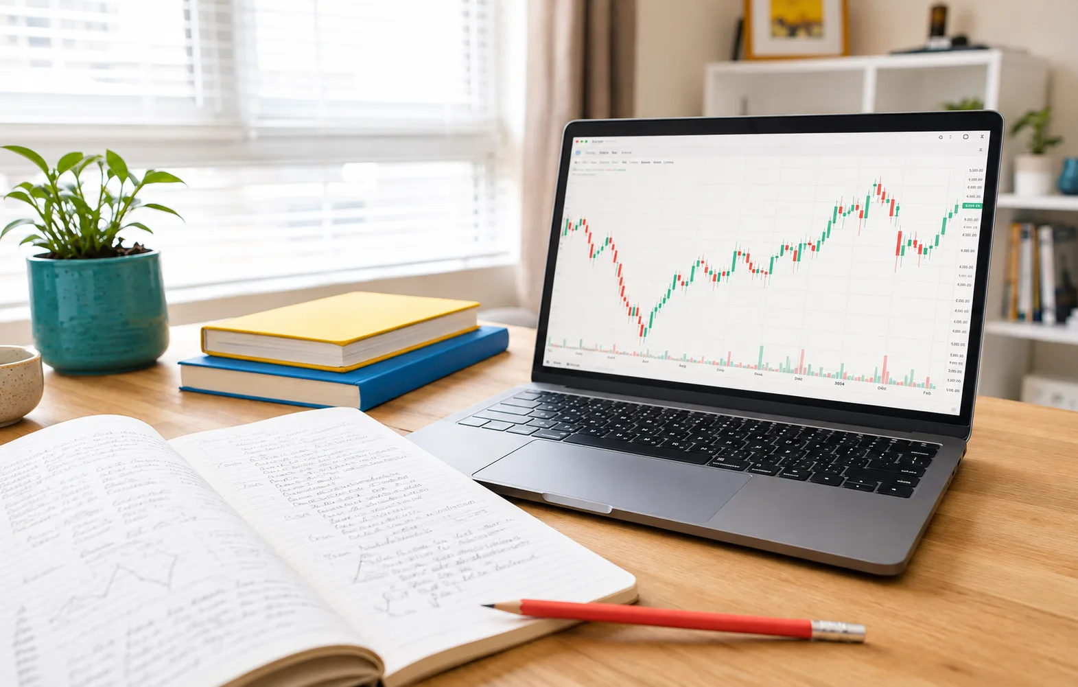 A laptop chart and study notebook beside colorful books and a green plant in a teal pot.