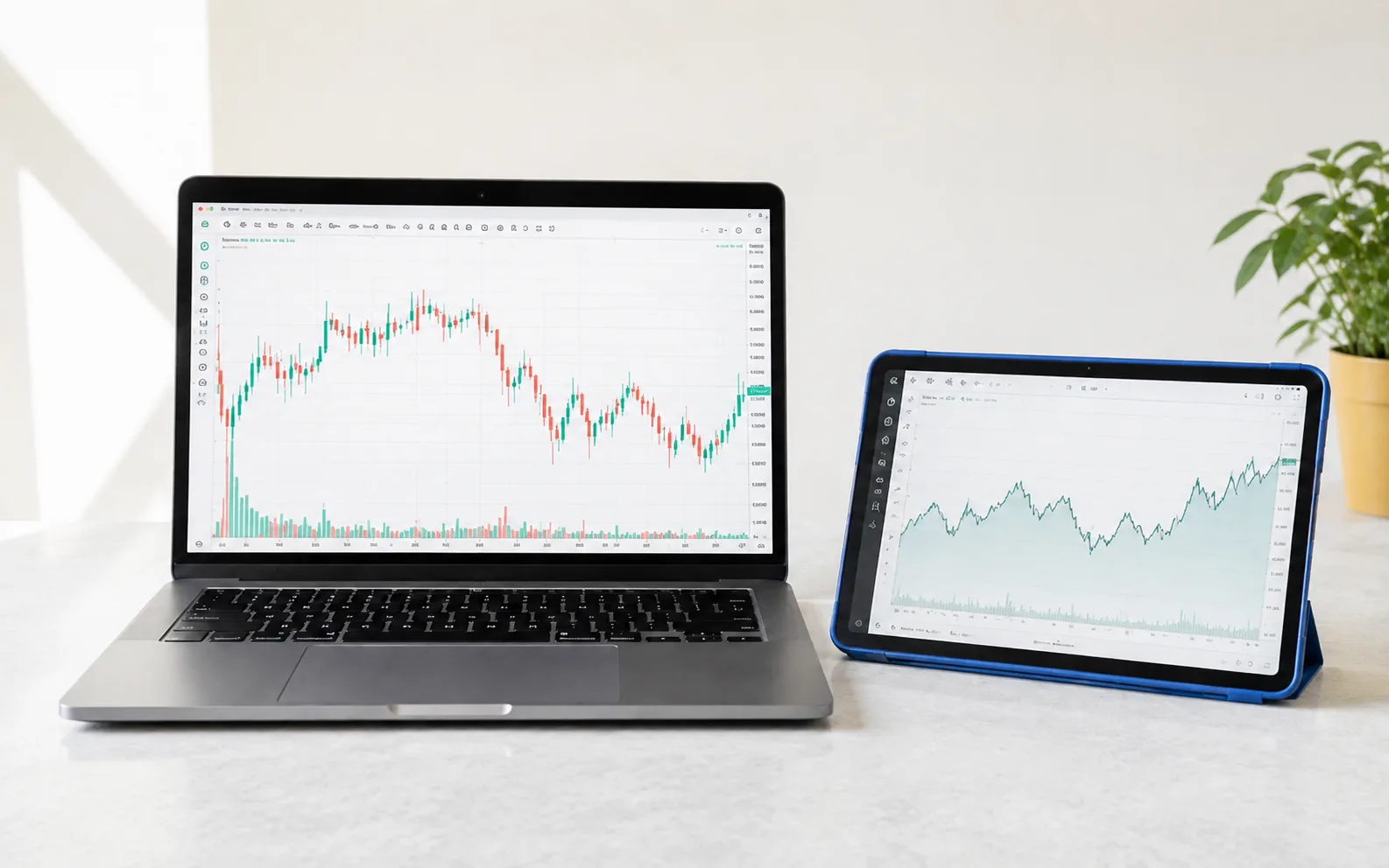 Laptop and tablet market charts on a bright desk, with a cobalt tablet case and fresh green plant.