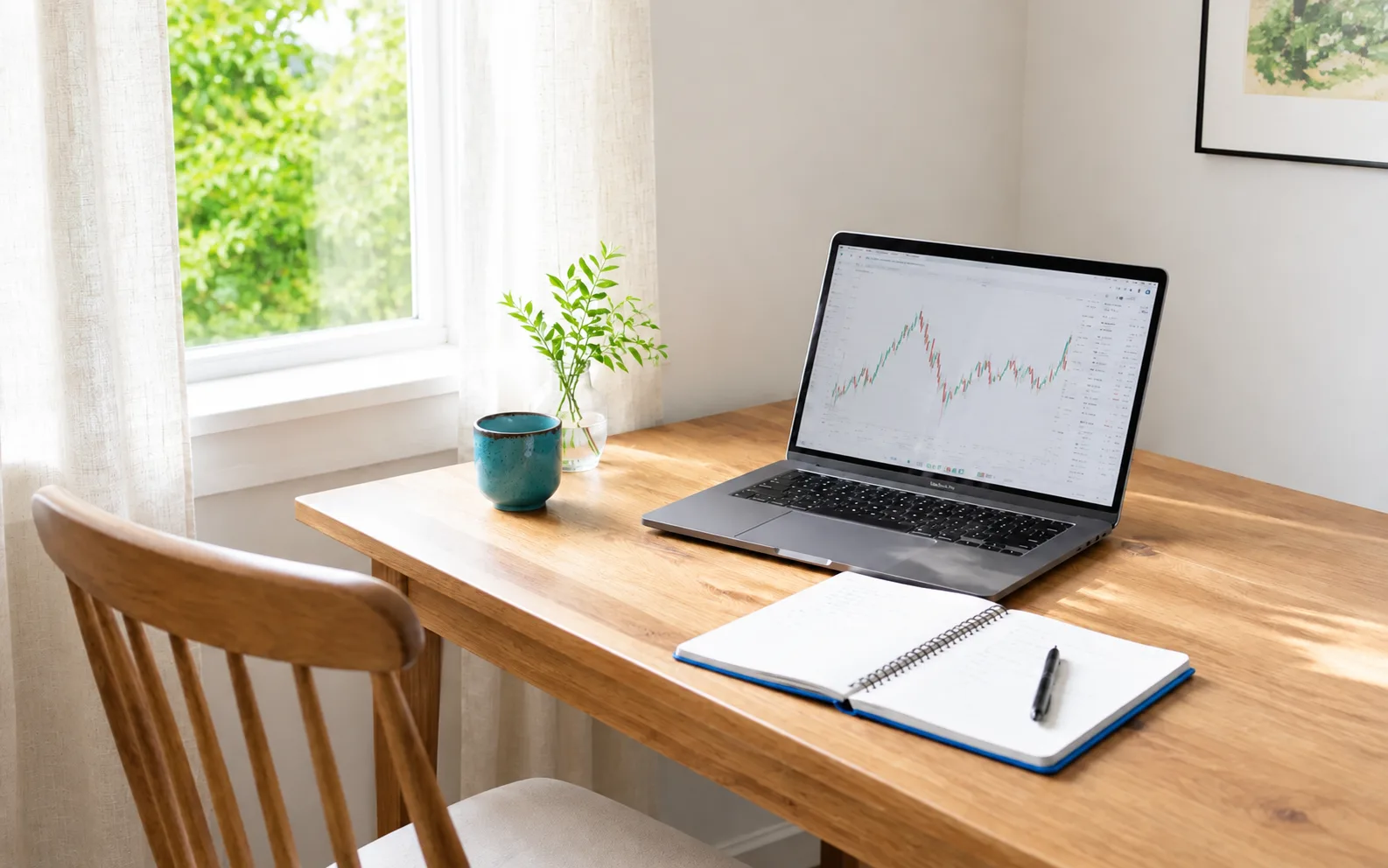 A bright home trading workspace with a laptop, notebook, teal cup, and green plant beside a window.