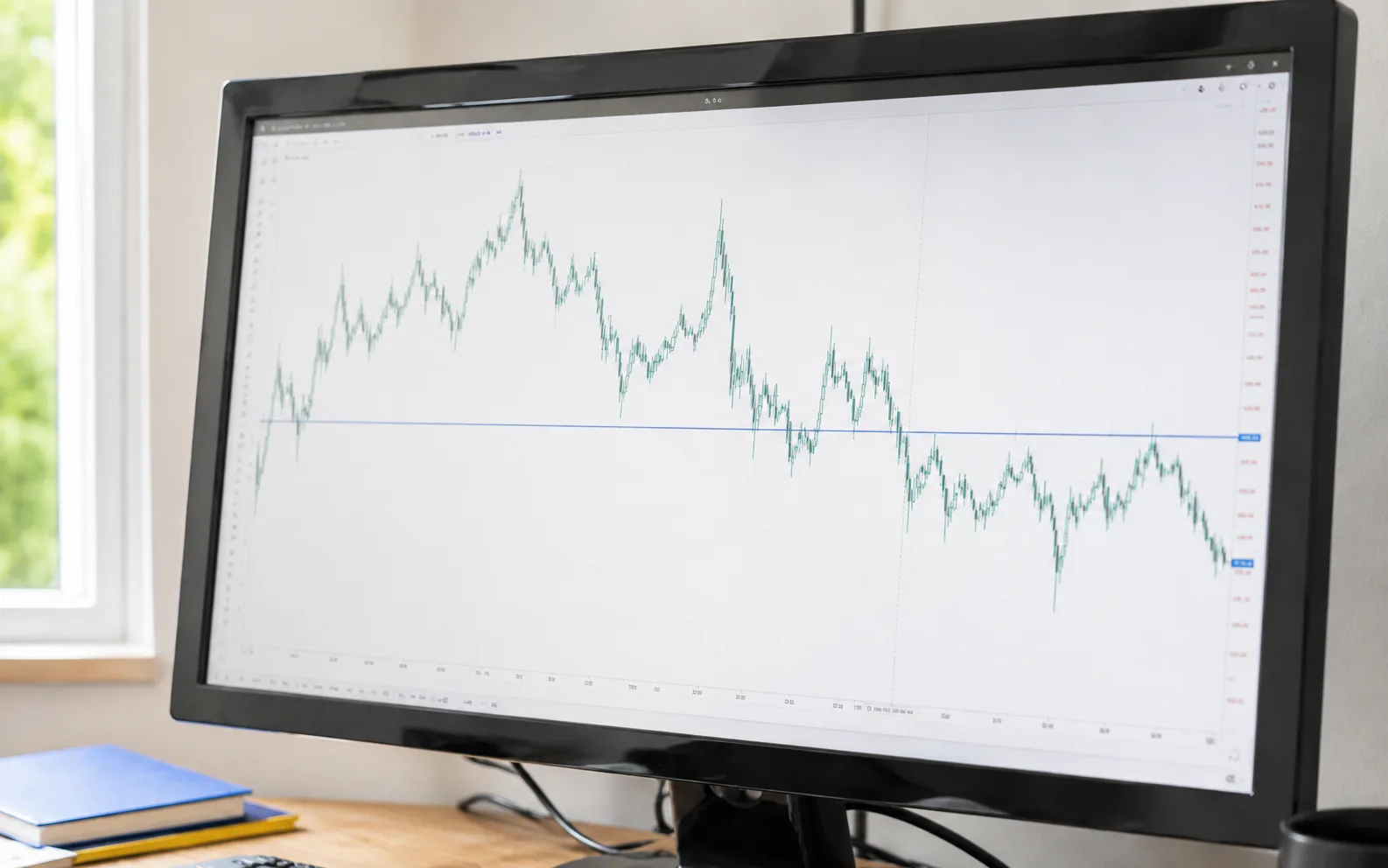 A market chart with a horizontal reference line on a bright monitor beside colorful notebook edges.