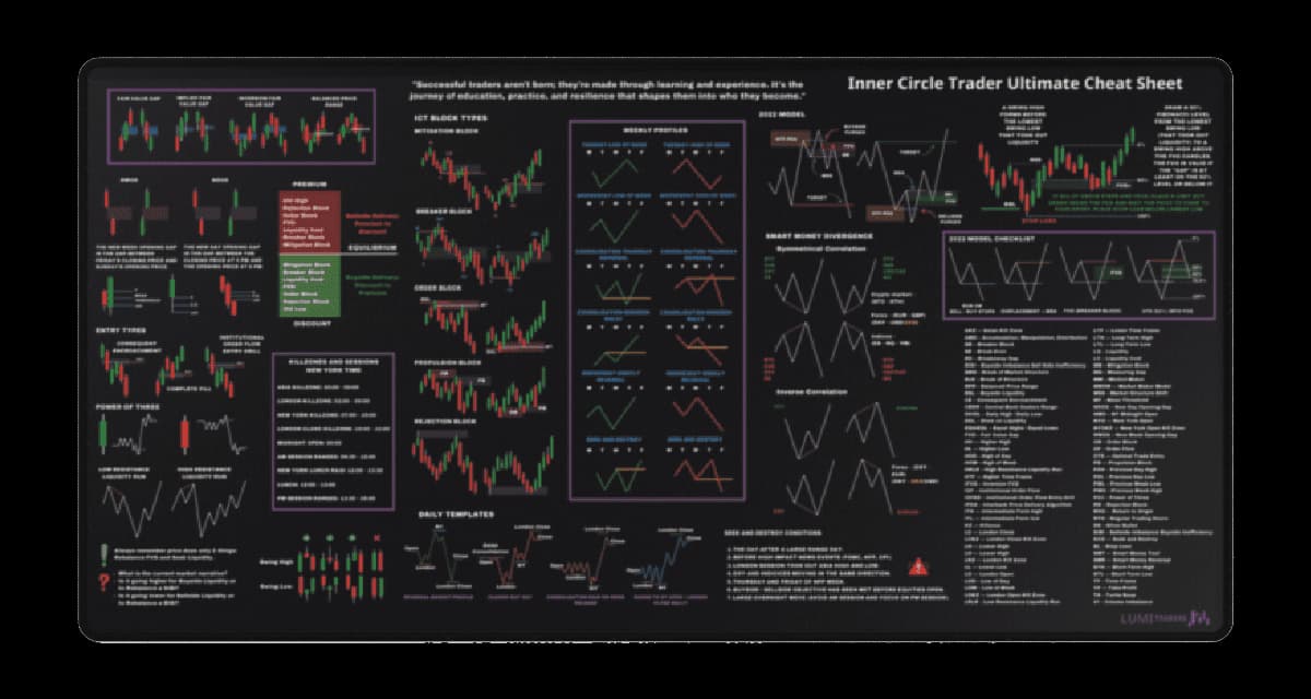 ICT Ultimate Cheat Sheet Desk Mat showing trading concept diagrams