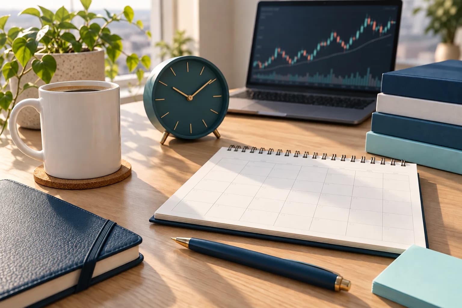 A teal clock and blank planning calendar beside a laptop in morning light.