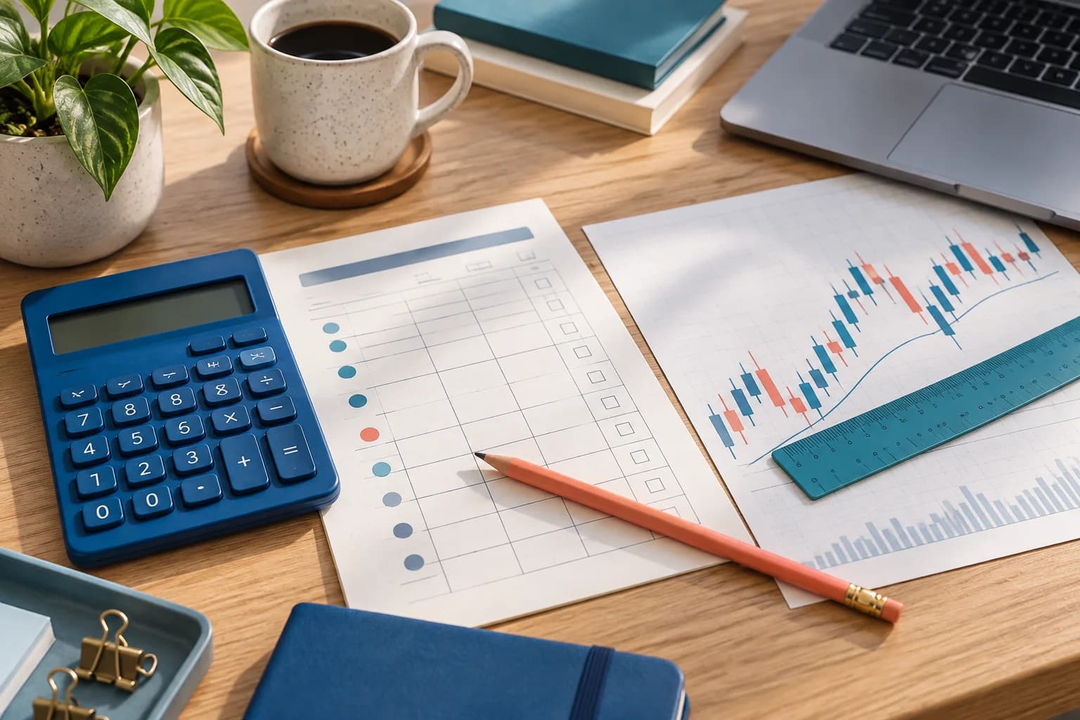 A blue calculator, risk worksheet, teal ruler and coral pencil beside an illustrative futures chart.