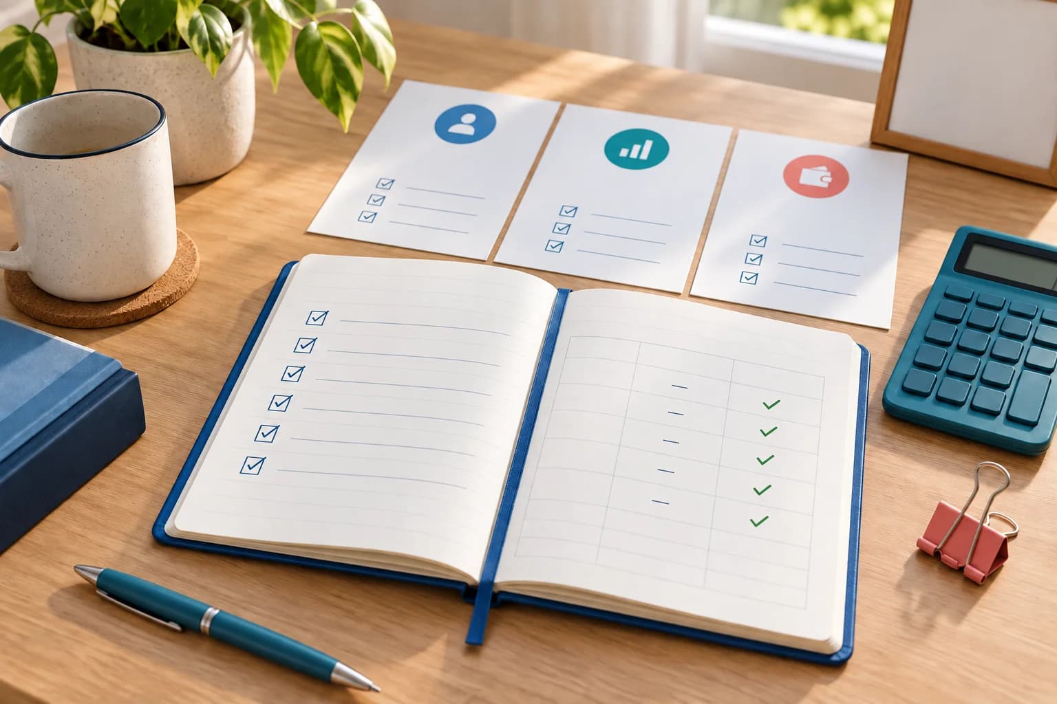 An open ledger, checklist cards and teal calculator arranged for reviewing account records.