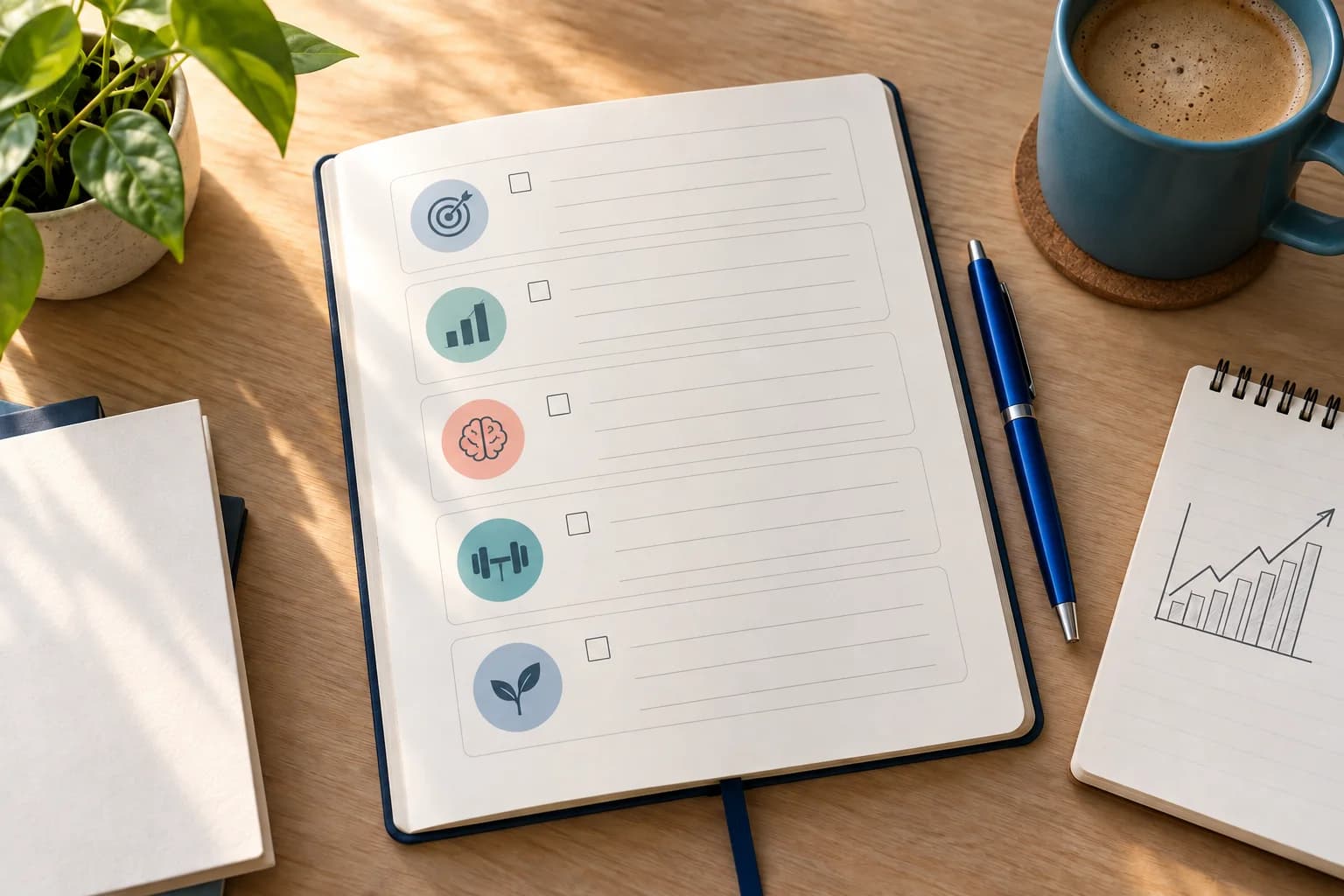 An open planning notebook with blank checklist sections, a pen and a teal mug.