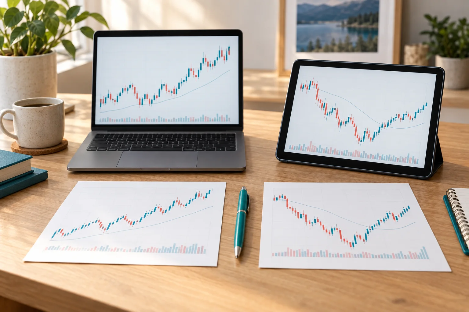 A laptop and tablet with illustrative market charts, compared beside two paper charts on a sunlit desk.