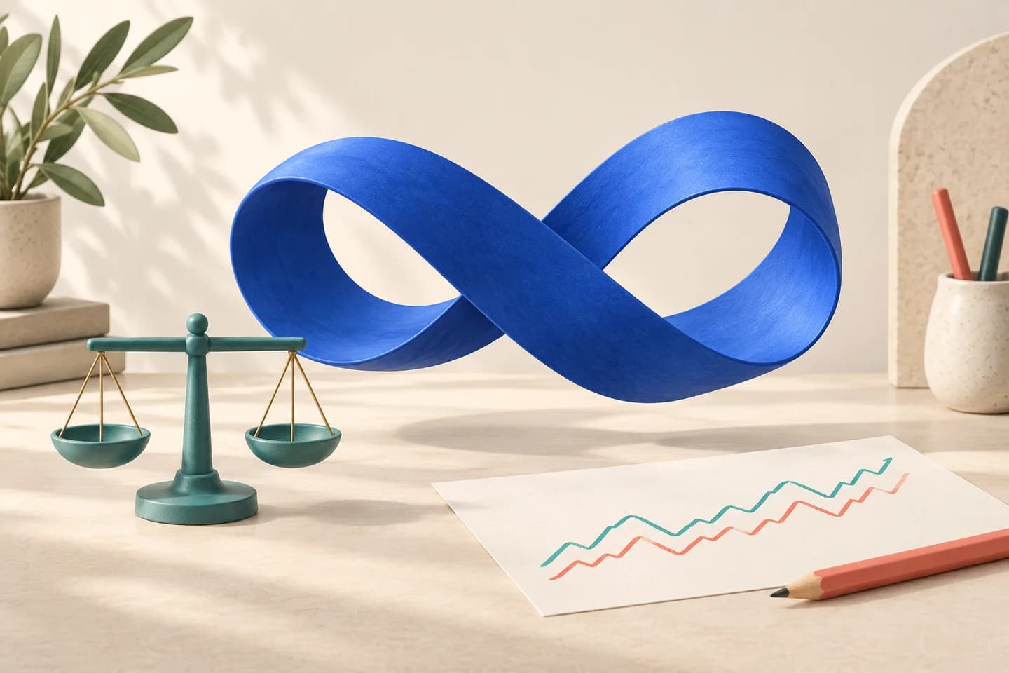 A continuous blue ribbon above a bright desk, beside a teal balance scale and an illustrative market chart.